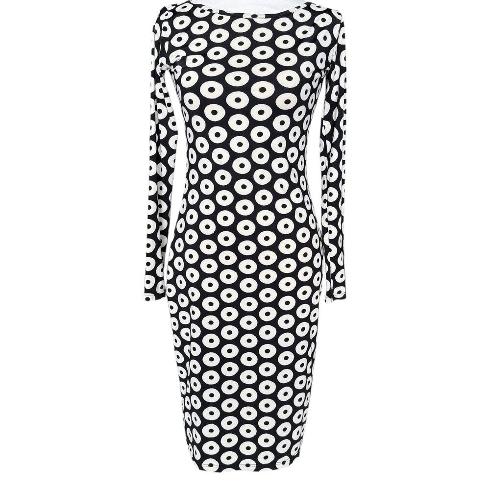 Vintage Agnes B Retro Midi Bodycon Dress Size 1 S Polka Dots Abstract Print Rare